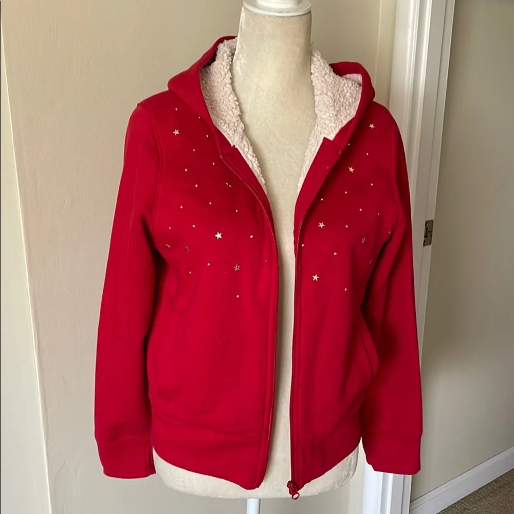 OLD NAVY Girls Jacket, Red with Star Accents and Sherpa Lining.     Size 18